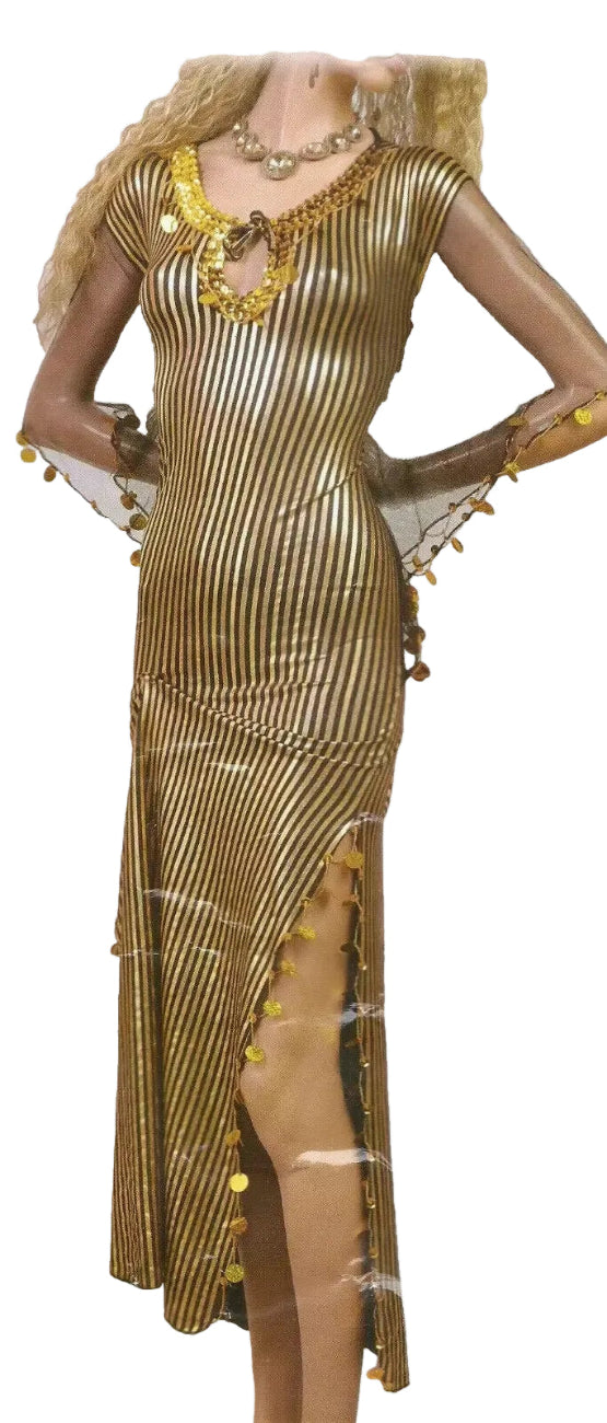 A mannequin displaying a gold-colored, embellished belly dance dress with long sleeves and a flowing skirt.
