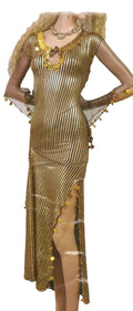 A mannequin displaying a gold-colored, embellished belly dance dress with long sleeves and a flowing skirt.