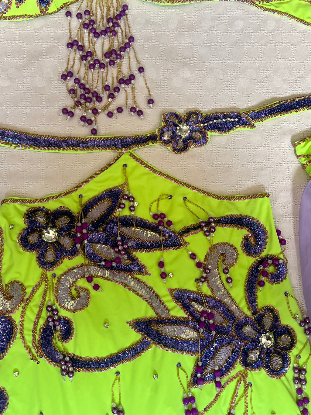Authentic Egyptian belly dance costume/ Bright lime green with purple sequins