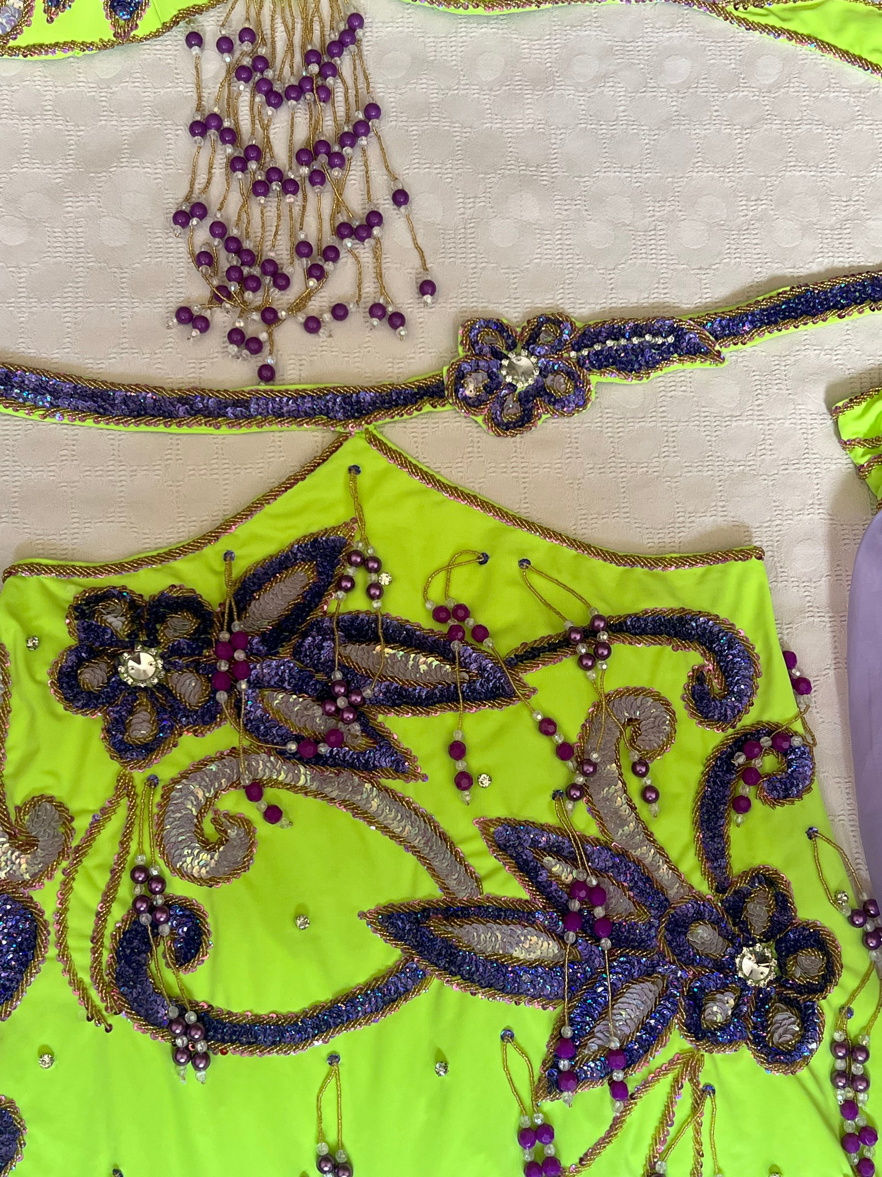 Authentic Egyptian belly dance costume/ Bright lime green with purple sequins