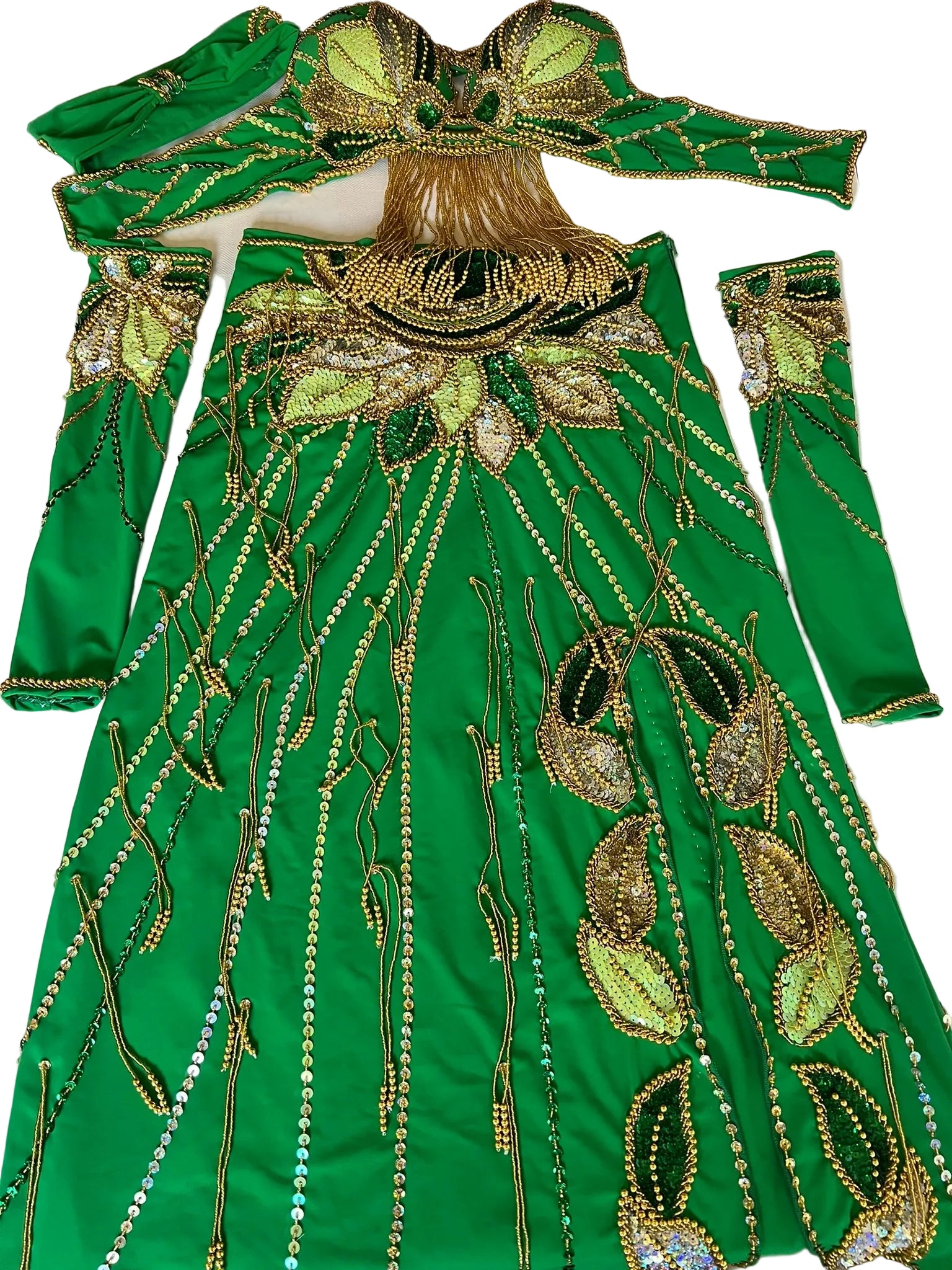 Vibrant green belly dance costume, custom-made dance ensemble, multi-colors embellished Outfit