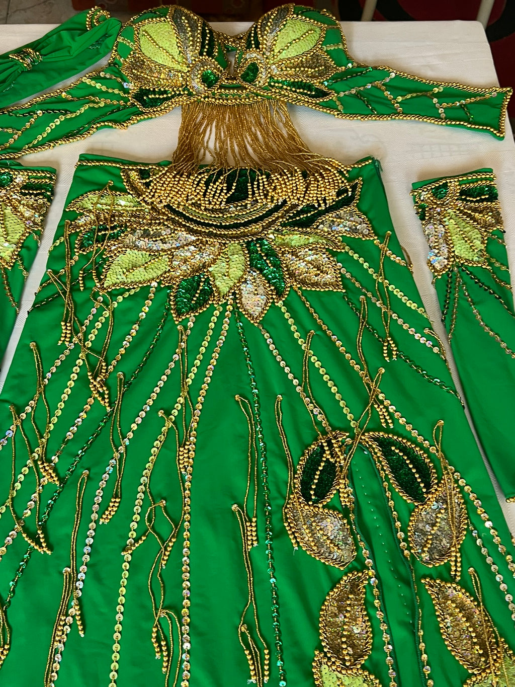 Vibrant green belly dance costume, custom-made dance ensemble, multi-colors embellished Outfit