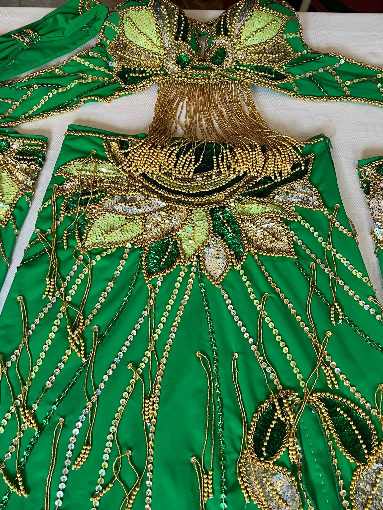 Vibrant green belly dance costume, custom-made dance ensemble, multi-colors embellished Outfit