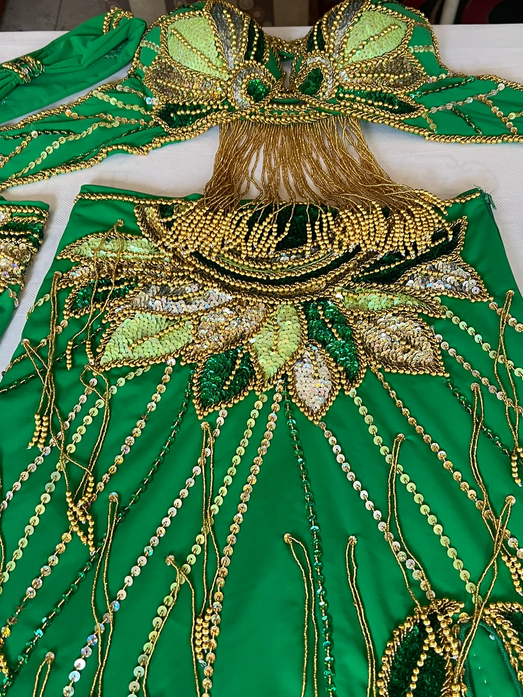 Vibrant green belly dance costume, custom-made dance ensemble, multi-colors embellished Outfit