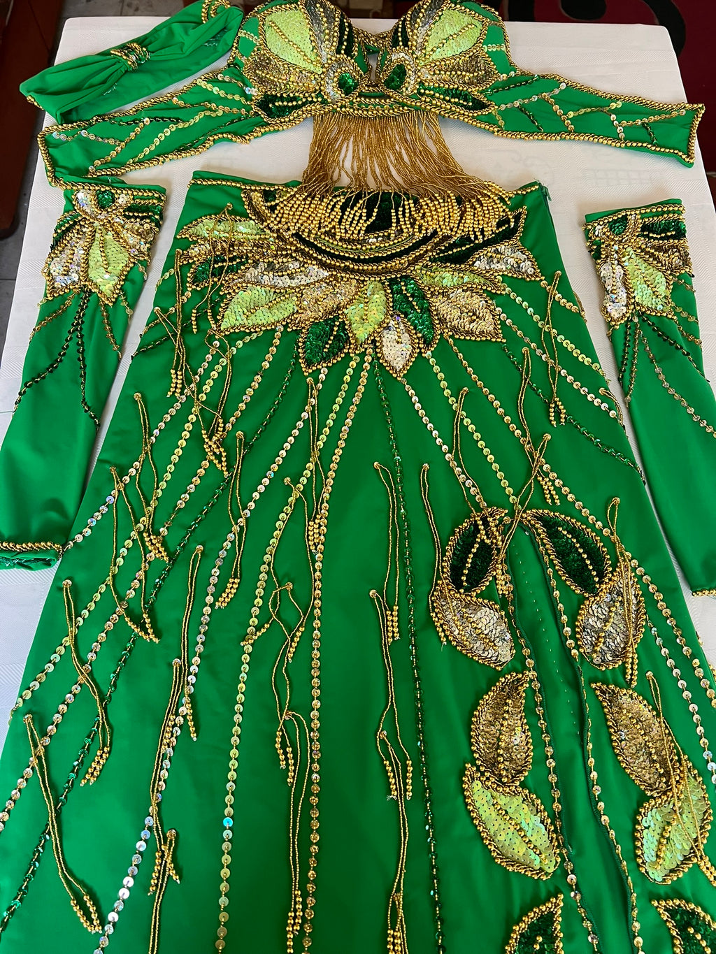 Vibrant green belly dance costume, custom-made dance ensemble, multi-colors embellished Outfit