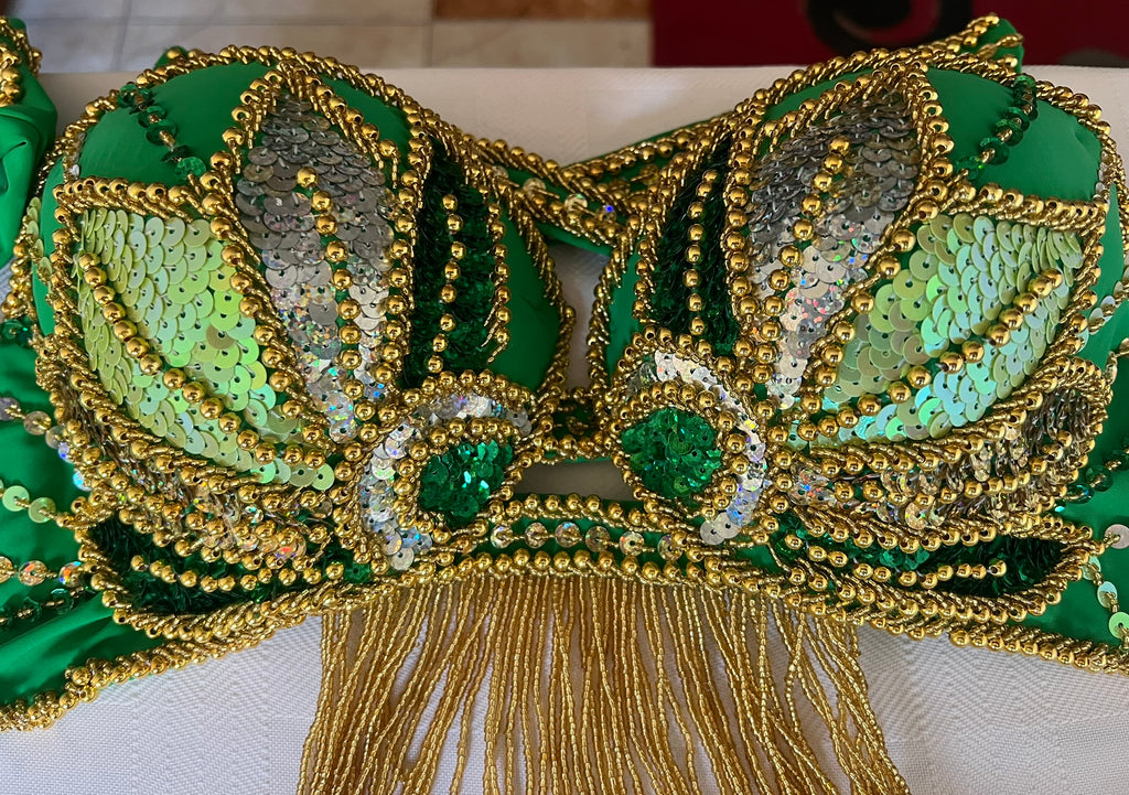 Vibrant green belly dance costume, custom-made dance ensemble, multi-colors embellished Outfit