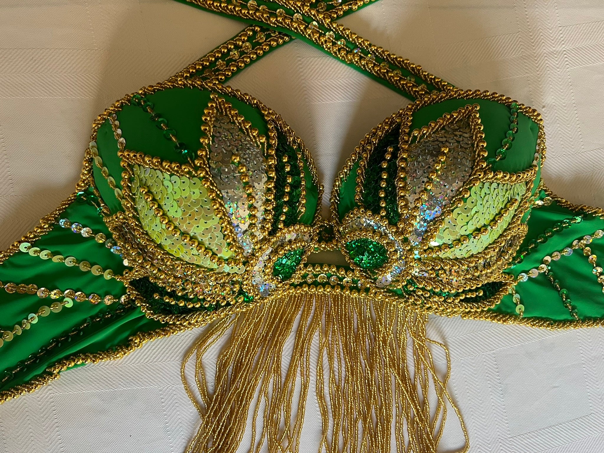 Vibrant green belly dance costume, custom-made dance ensemble, multi-colors embellished Outfit