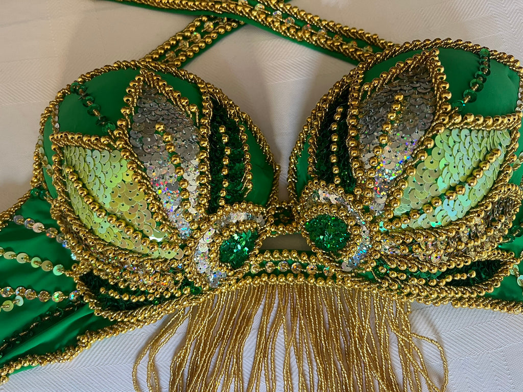 Vibrant green belly dance costume, custom-made dance ensemble, multi-colors embellished Outfit
