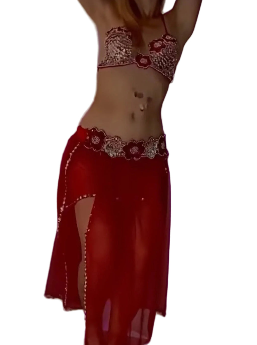Red belly dancing costume with intricate patterns on a white background