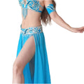 Blue belly dance costume with intricate designs on a white background