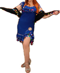 A royal blue belly dance dress with multicolored embellishments and short sleeves, featuring a traditional oriental design.