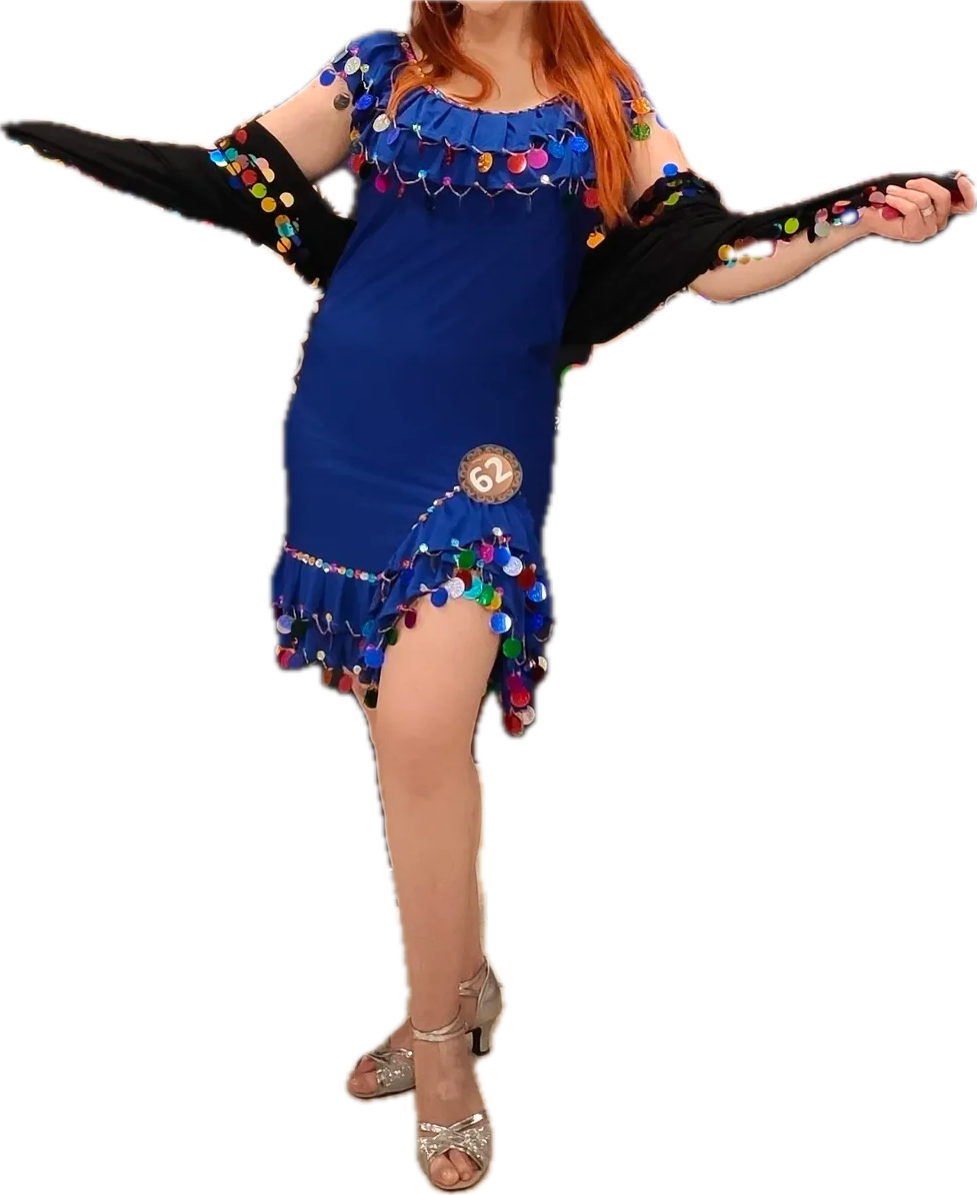 Vibrant Royal Blue Belly Dance Dress/ Handmade embellished belly dance Melaya dress sequined with multi colours large sequins