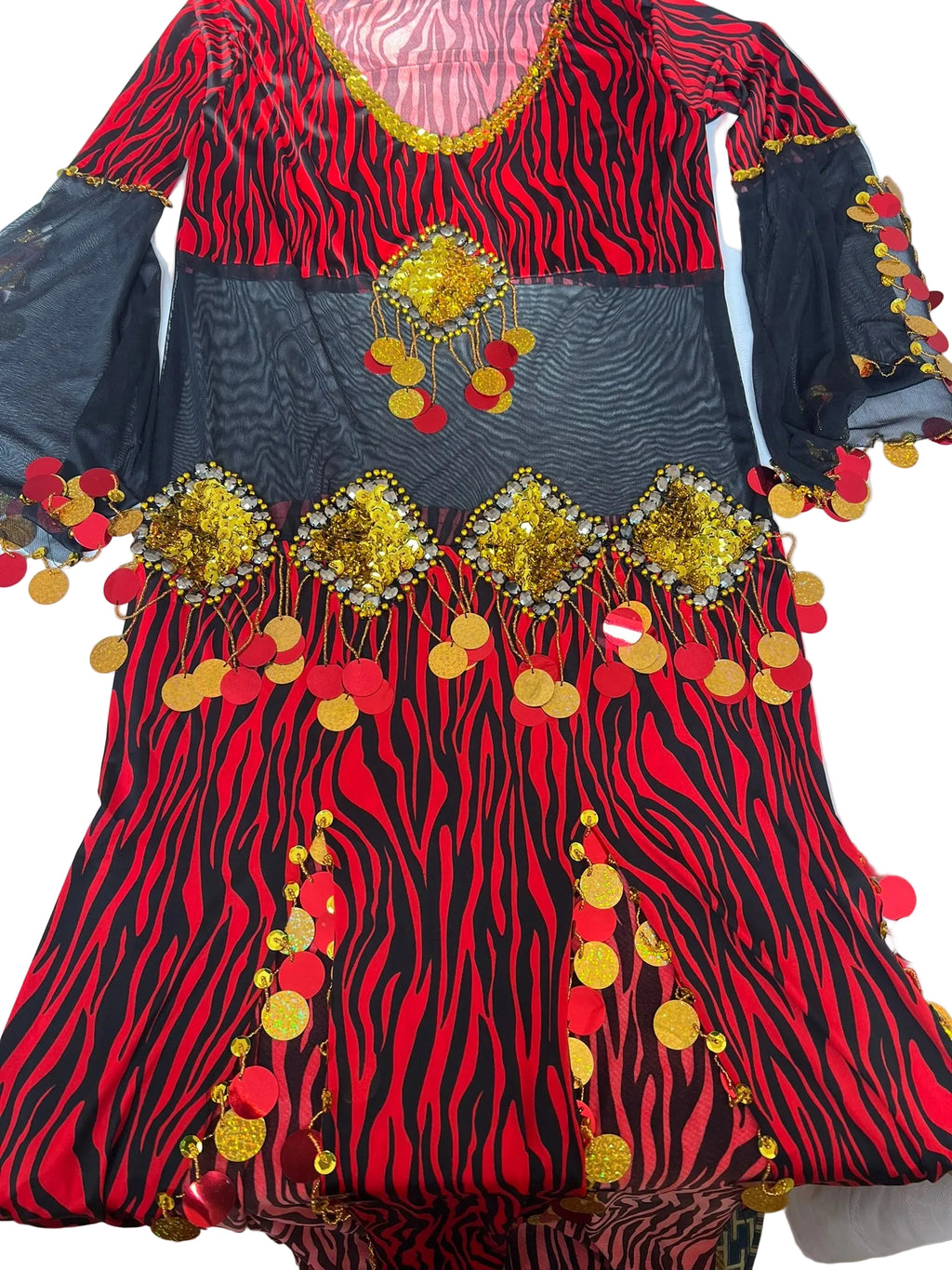 A multicolored Egyptian belly dance outfit consisting of a skirt and top, adorned with geometric patterns and gold embellishments.