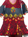 A multicolored Egyptian belly dance outfit consisting of a skirt and top, adorned with geometric patterns and gold embellishments.