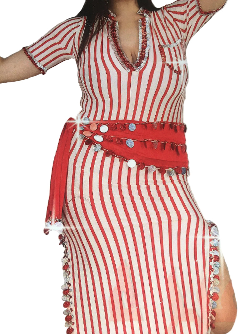 Red and white striped dress with decorative elements on a checkered background