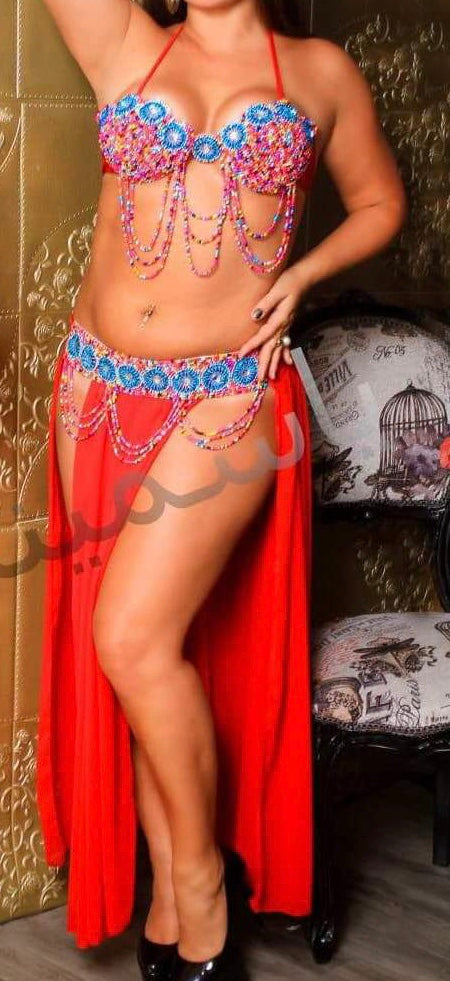 Egyptian Sexy Red belly dance costume, handmade M OR L outfit, belt, skirt, bra