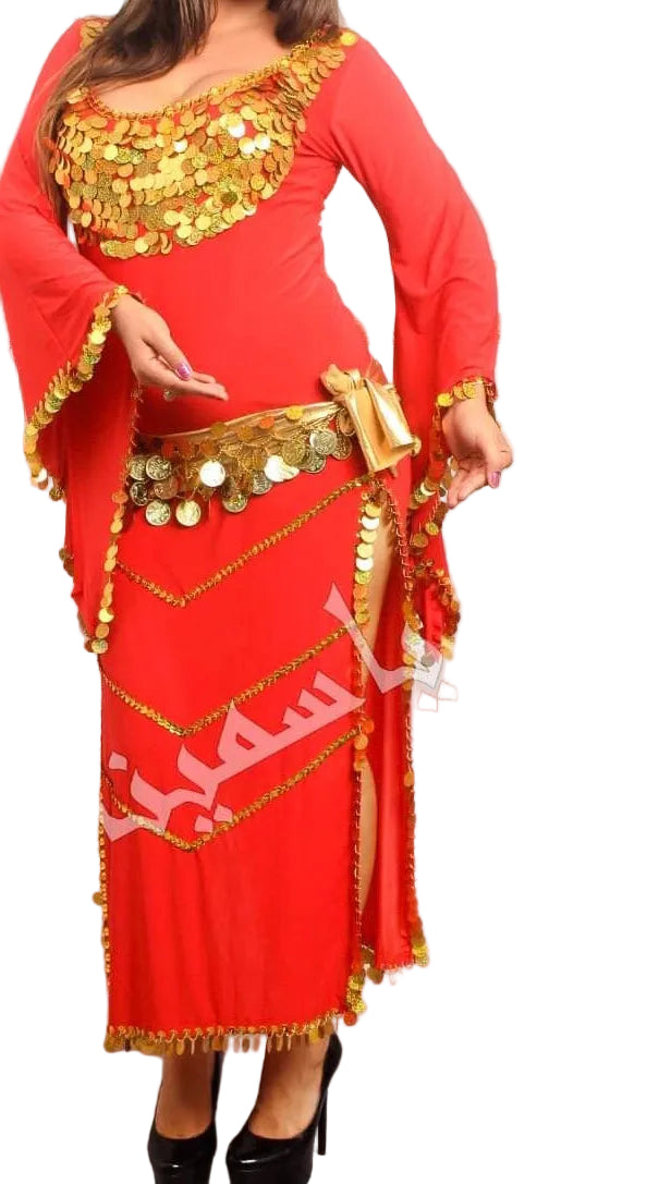 Red belly dance dress with gold embellishments on a white background