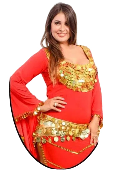 Woman wearing a red and gold traditional outfit on a white background