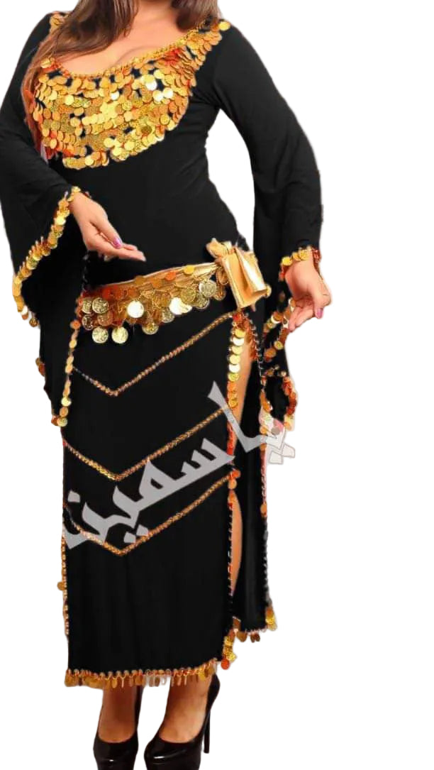 Black dress with gold sequin embellishments on a white background