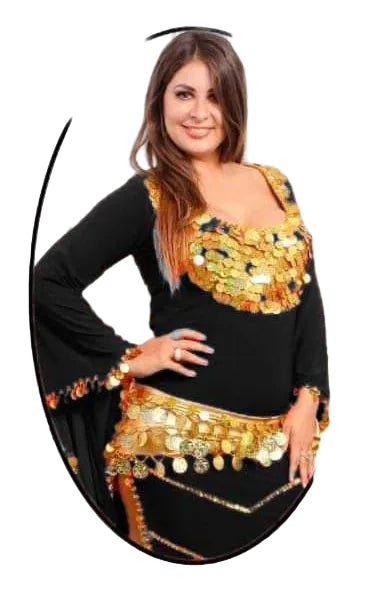 Woman wearing a black and gold belly dancing costume on a white background