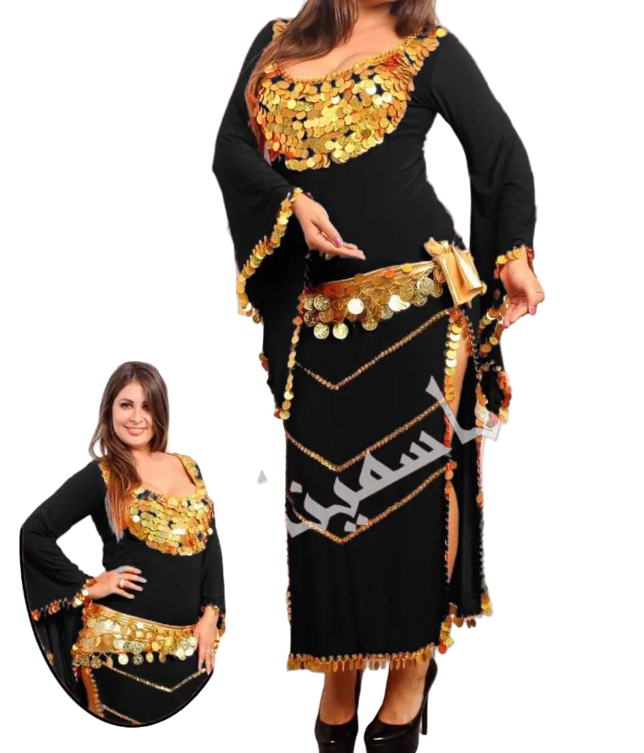 A model wearing an Oriental Egyptian black belly dance dress with gold hand stitching and a hip scarf, posing in two different angles.