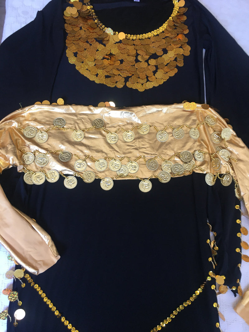 Black belly dance dress embellished with golden accents and matching hip scarf