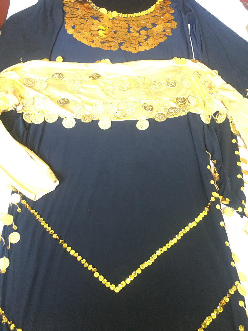Black belly dance dress embellished with golden accents and matching hip scarf