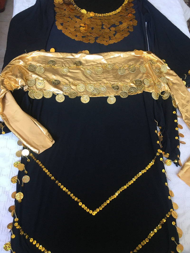 Black belly dance dress embellished with golden accents and matching hip scarf