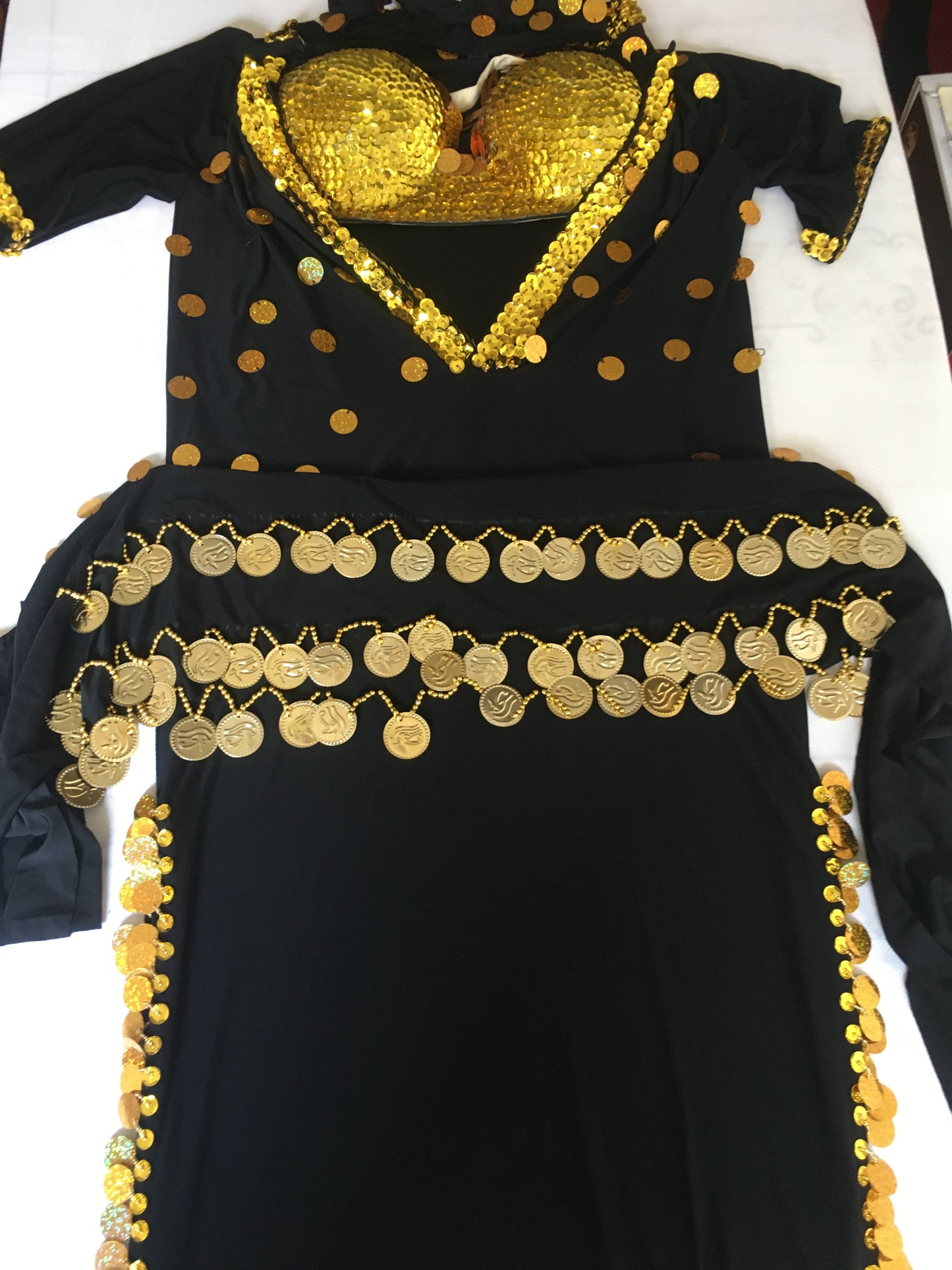 Egyptian Sexy Belly Dance Costume, Saidi dance Dress with hip scarf, bra and head piece, Baladi Galabia, جلابية رقص شرقى