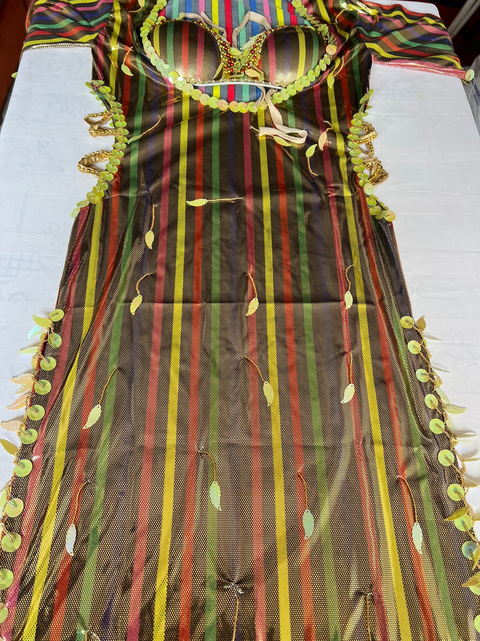 Egyptian belly dance dress with multicolored stripes and embellishments, including a belly dance bra.