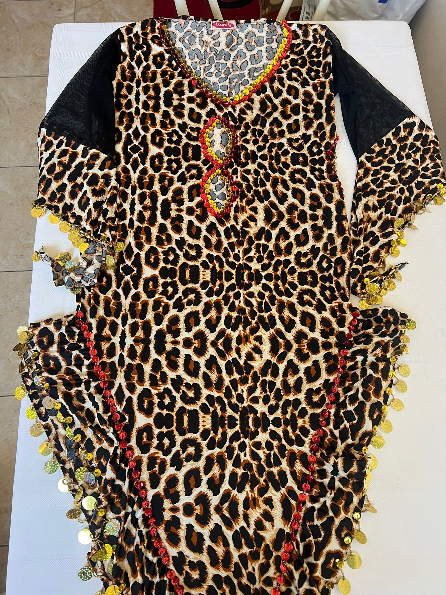 Leopard print belly dance dress, handmade embellished dancing outfit, one-size
