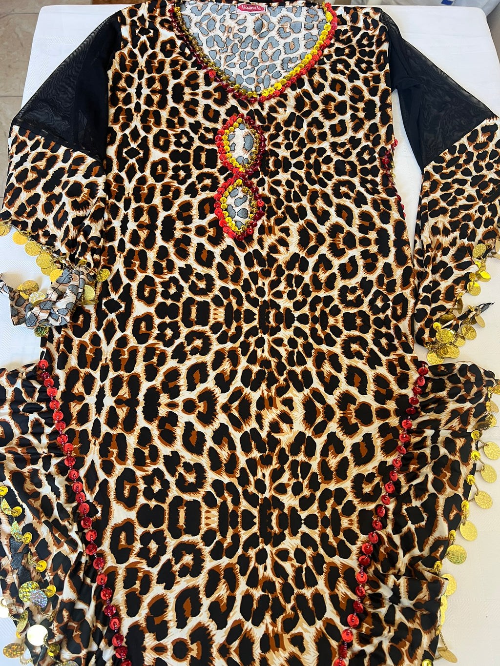 Leopard print belly dance dress, handmade embellished dancing outfit, one-size