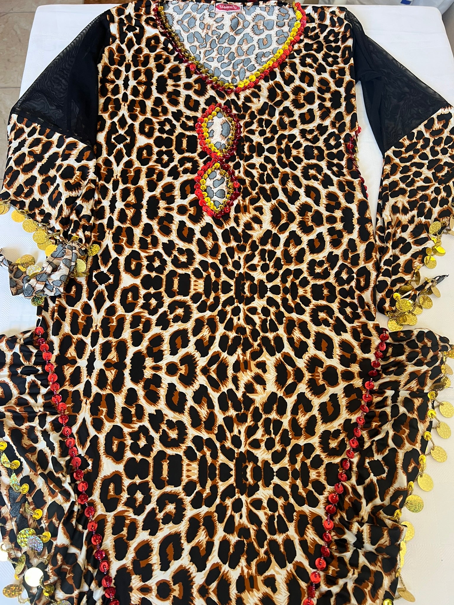 Leopard print belly dance dress, handmade embellished dancing outfit, one-size