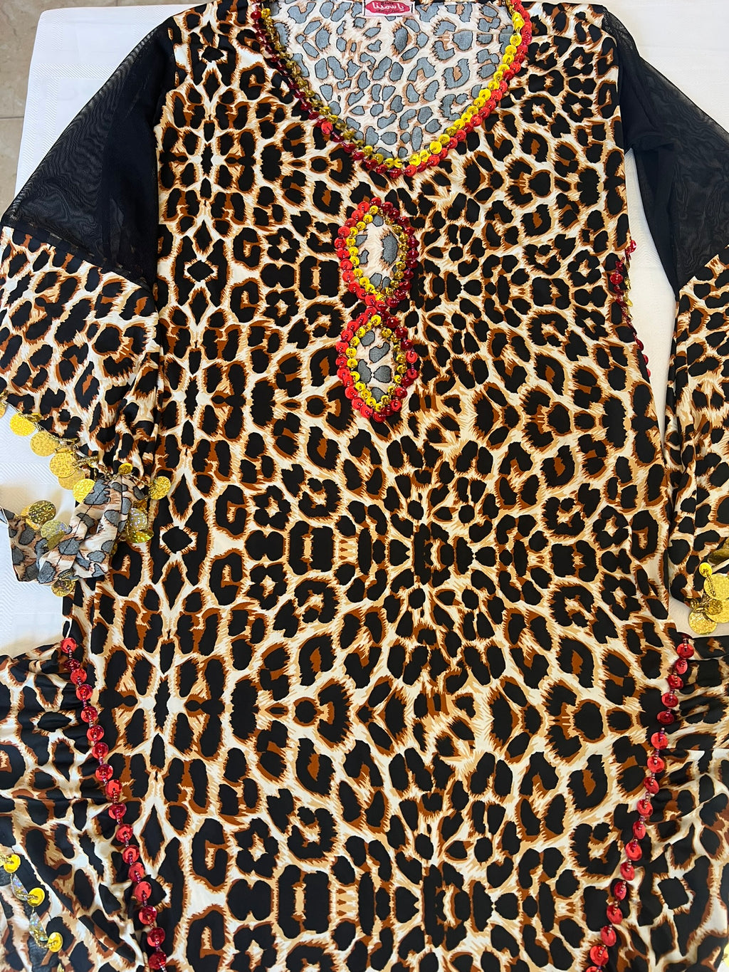 Leopard print belly dance dress, handmade embellished dancing outfit, one-size