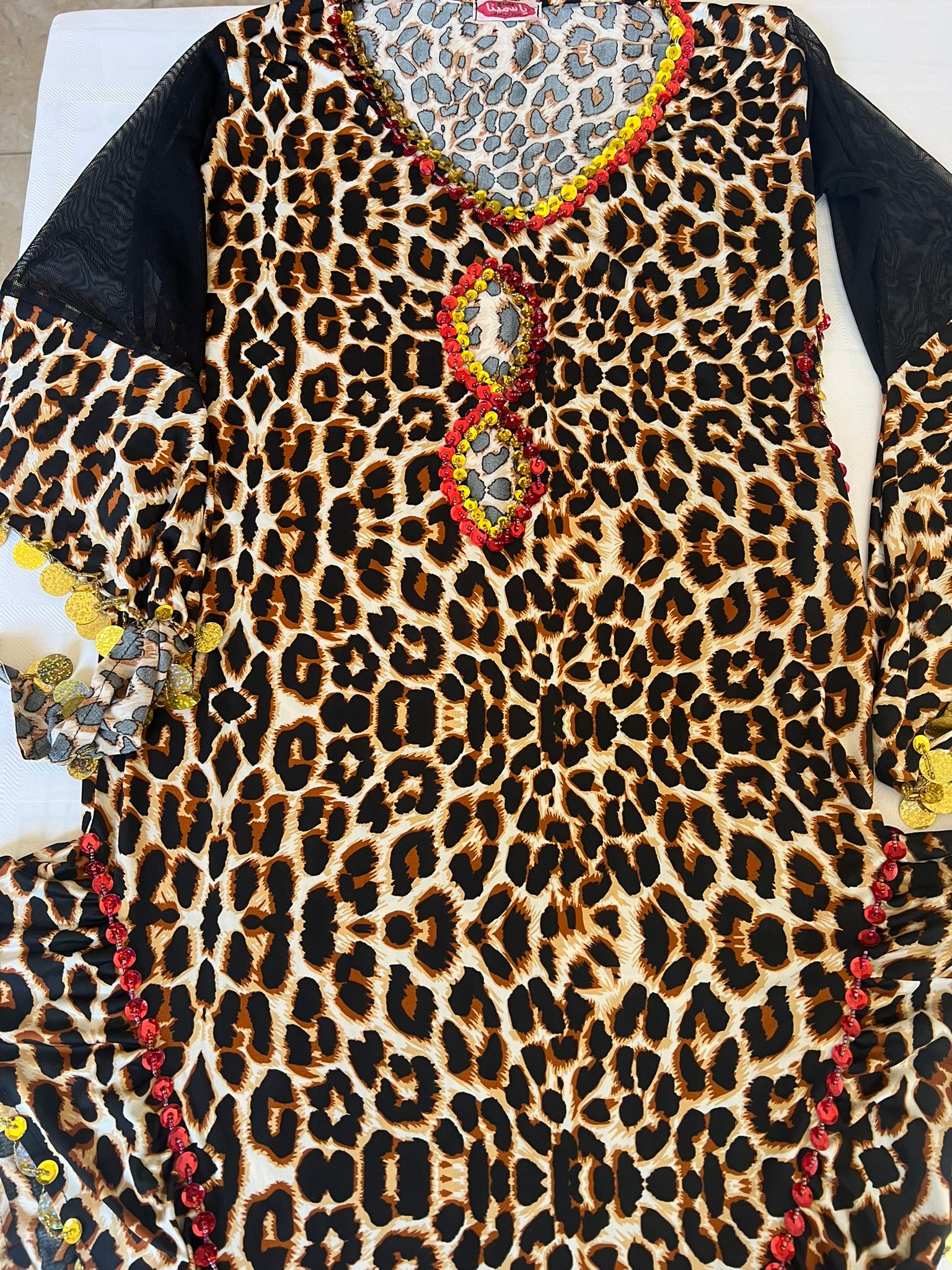 Leopard print belly dance dress, handmade embellished dancing outfit, one-size
