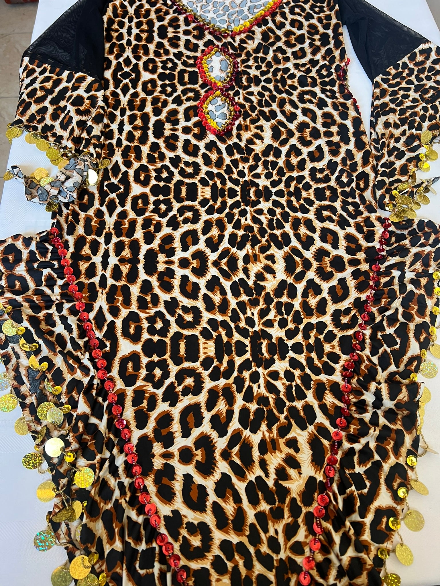 Leopard print belly dance dress, handmade embellished dancing outfit, one-size