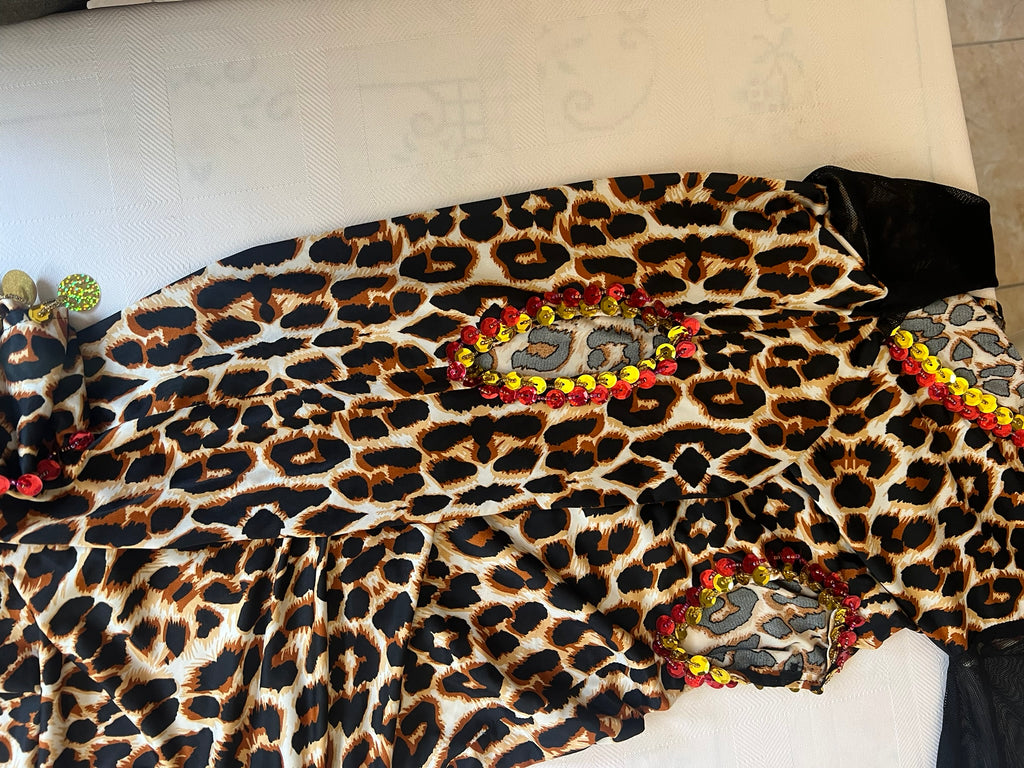 Leopard print belly dance dress, handmade embellished dancing outfit, one-size