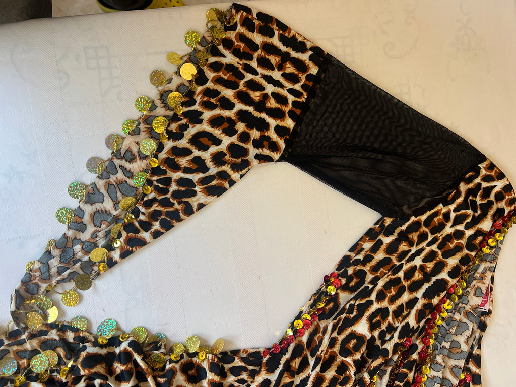 Leopard print belly dance dress, handmade embellished dancing outfit, one-size