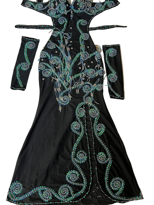 Custom Lycra Belly Dance Costume Dress with Arm Pieces & Headband