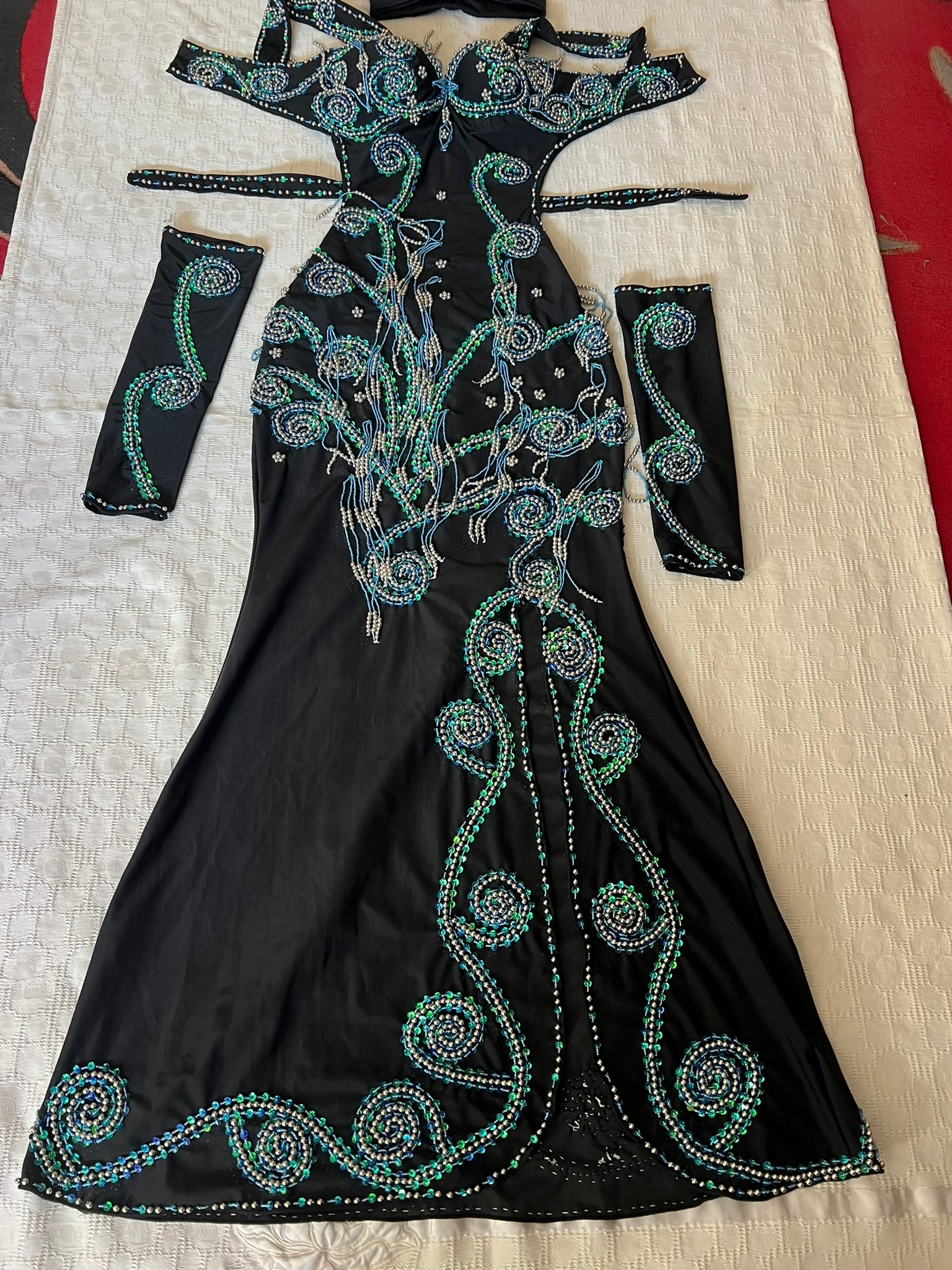 Professional Sexy Custom-Made Belly Dance Costume Belly Dancer one-piece Dress + Arm Pieces + Head piece, Handmade Embellished Dance outfit