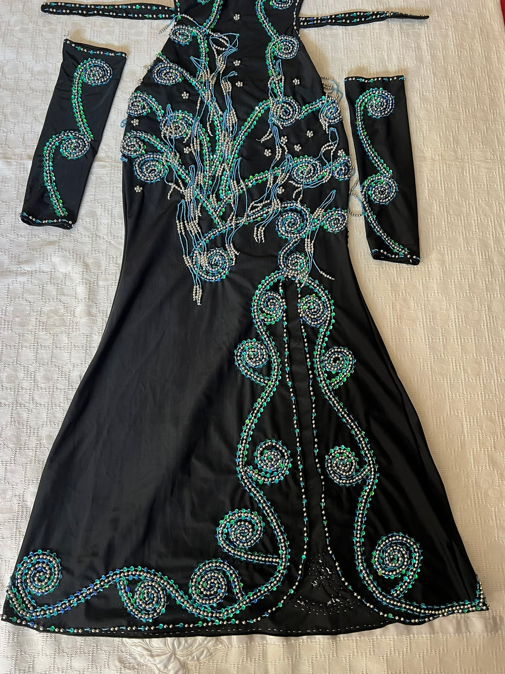 Professional Sexy Custom-Made Belly Dance Costume Belly Dancer one-piece Dress + Arm Pieces + Head piece, Handmade Embellished Dance outfit