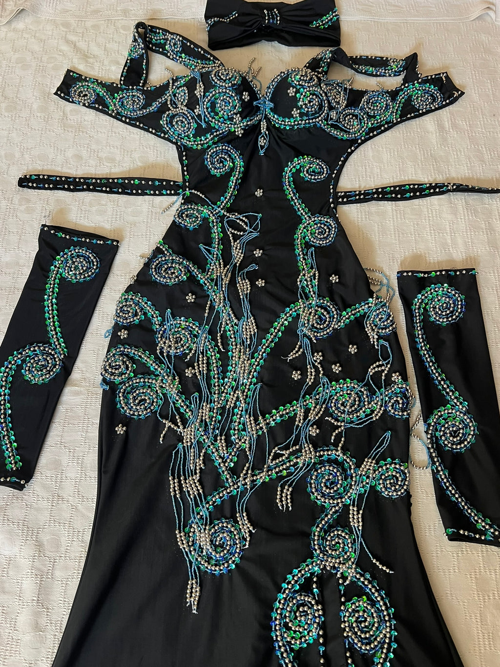 Professional Sexy Custom-Made Belly Dance Costume Belly Dancer one-piece Dress + Arm Pieces + Head piece, Handmade Embellished Dance outfit