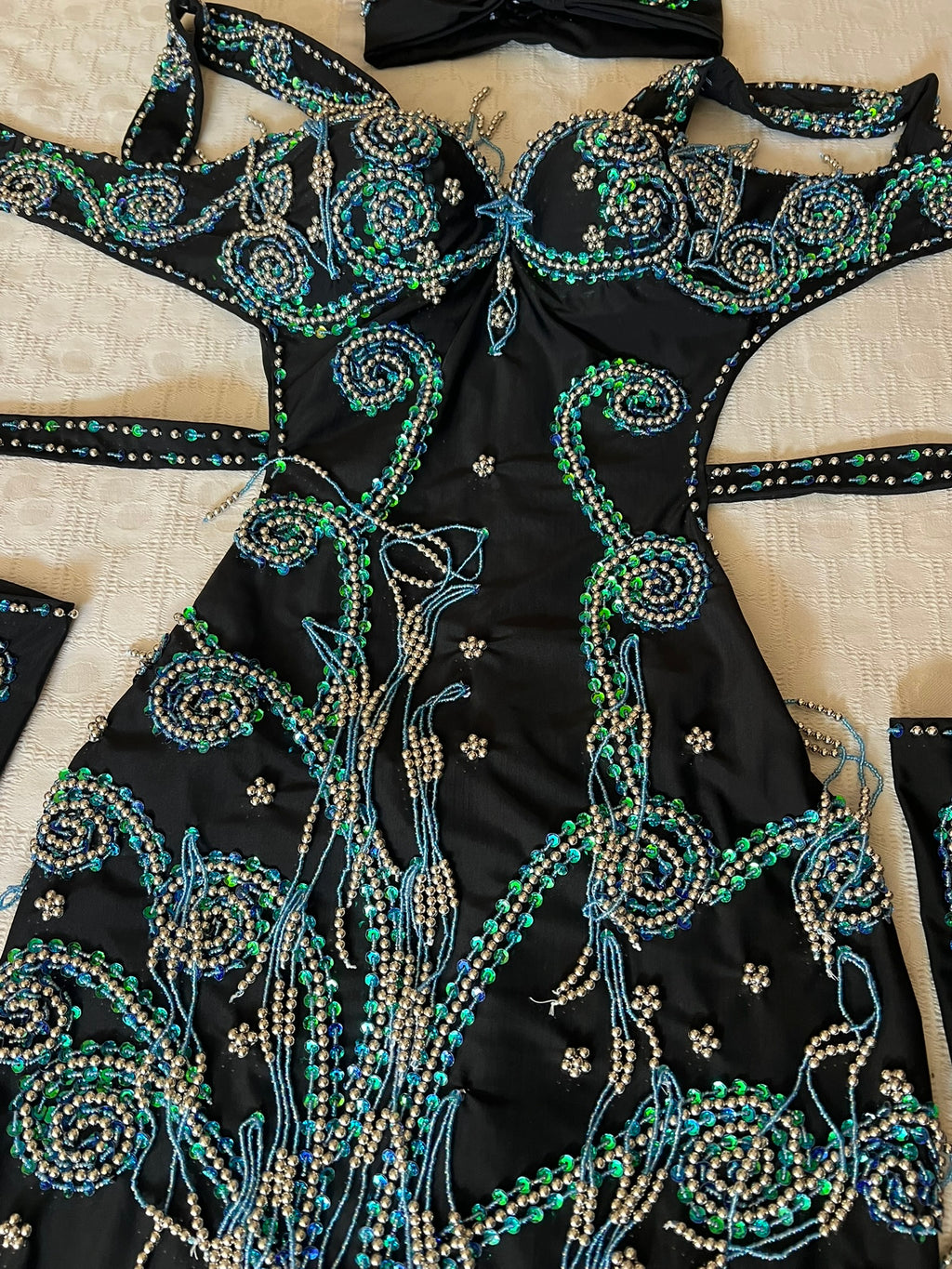 Professional Sexy Custom-Made Belly Dance Costume Belly Dancer one-piece Dress + Arm Pieces + Head piece, Handmade Embellished Dance outfit