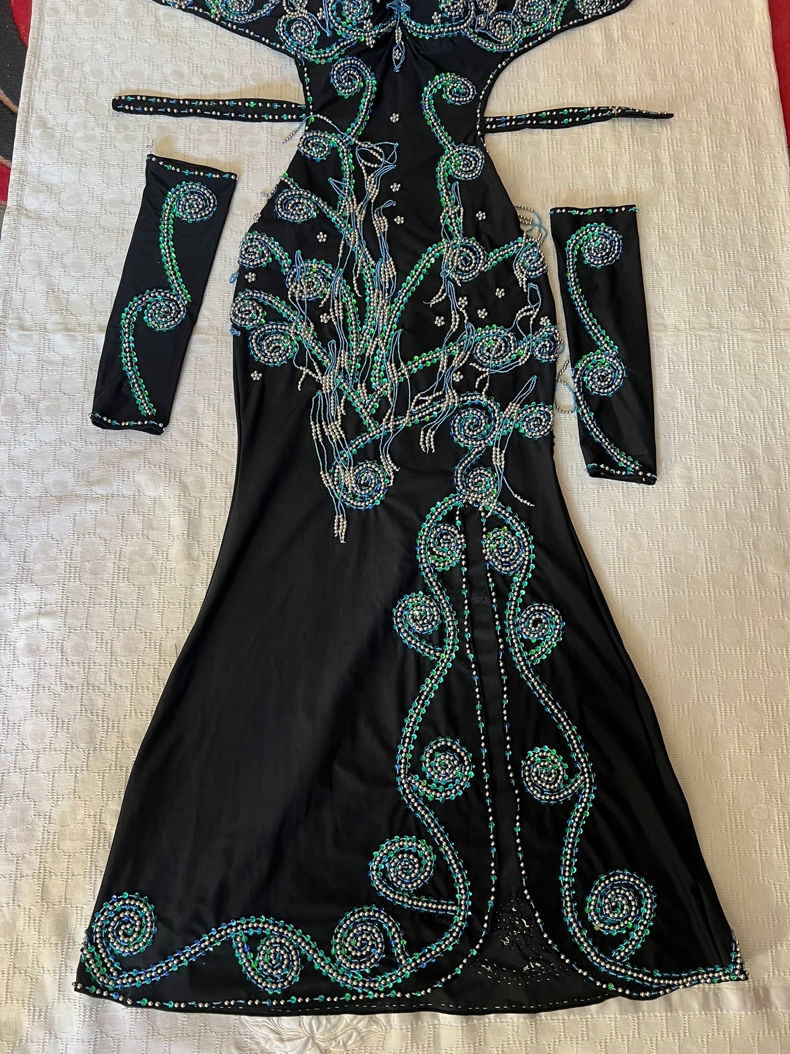 Professional Sexy Custom-Made Belly Dance Costume Belly Dancer one-piece Dress + Arm Pieces + Head piece, Handmade Embellished Dance outfit