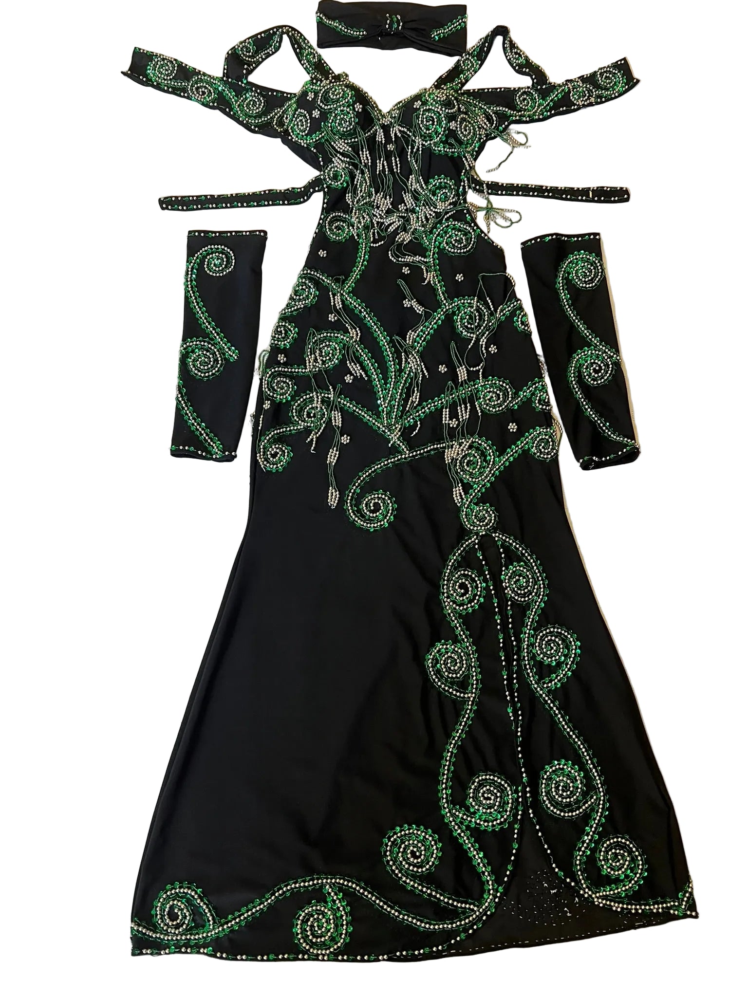 Handmade Belly Dance Costume – Elegant One-Piece Dress with Arm Accessories & Headpiece, Intricately Embellished Ensemble
