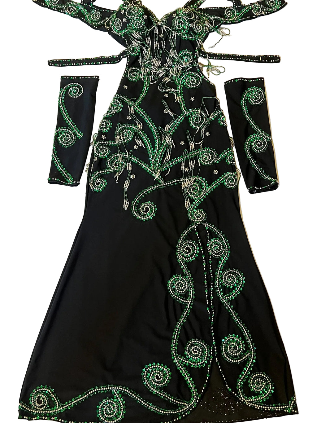 Handmade Belly Dance Costume – Elegant One-Piece Dress with Arm Accessories & Headpiece, Intricately Embellished Ensemble