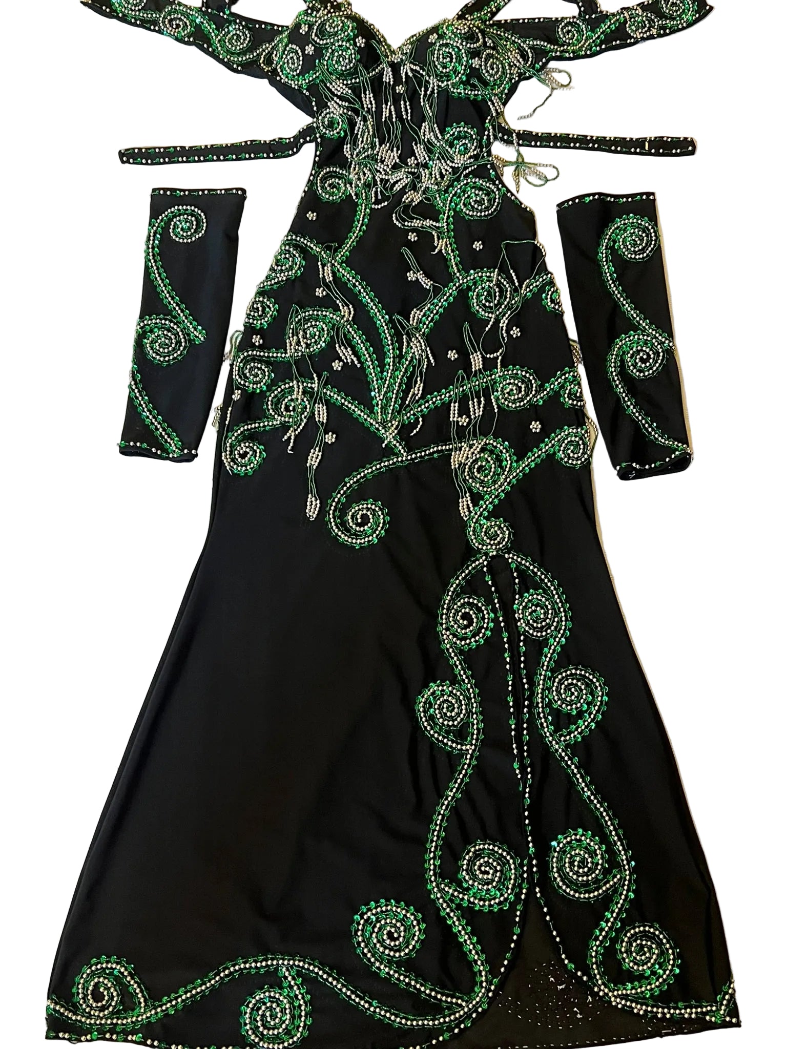 Handmade Belly Dance Costume – Elegant One-Piece Dress with Arm Accessories & Headpiece, Intricately Embellished Ensemble