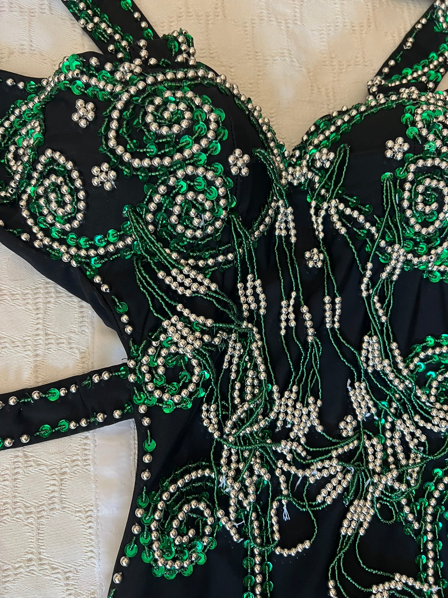 Handmade Belly Dance Costume – Elegant One-Piece Dress with Arm Accessories & Headpiece, Intricately Embellished Ensemble