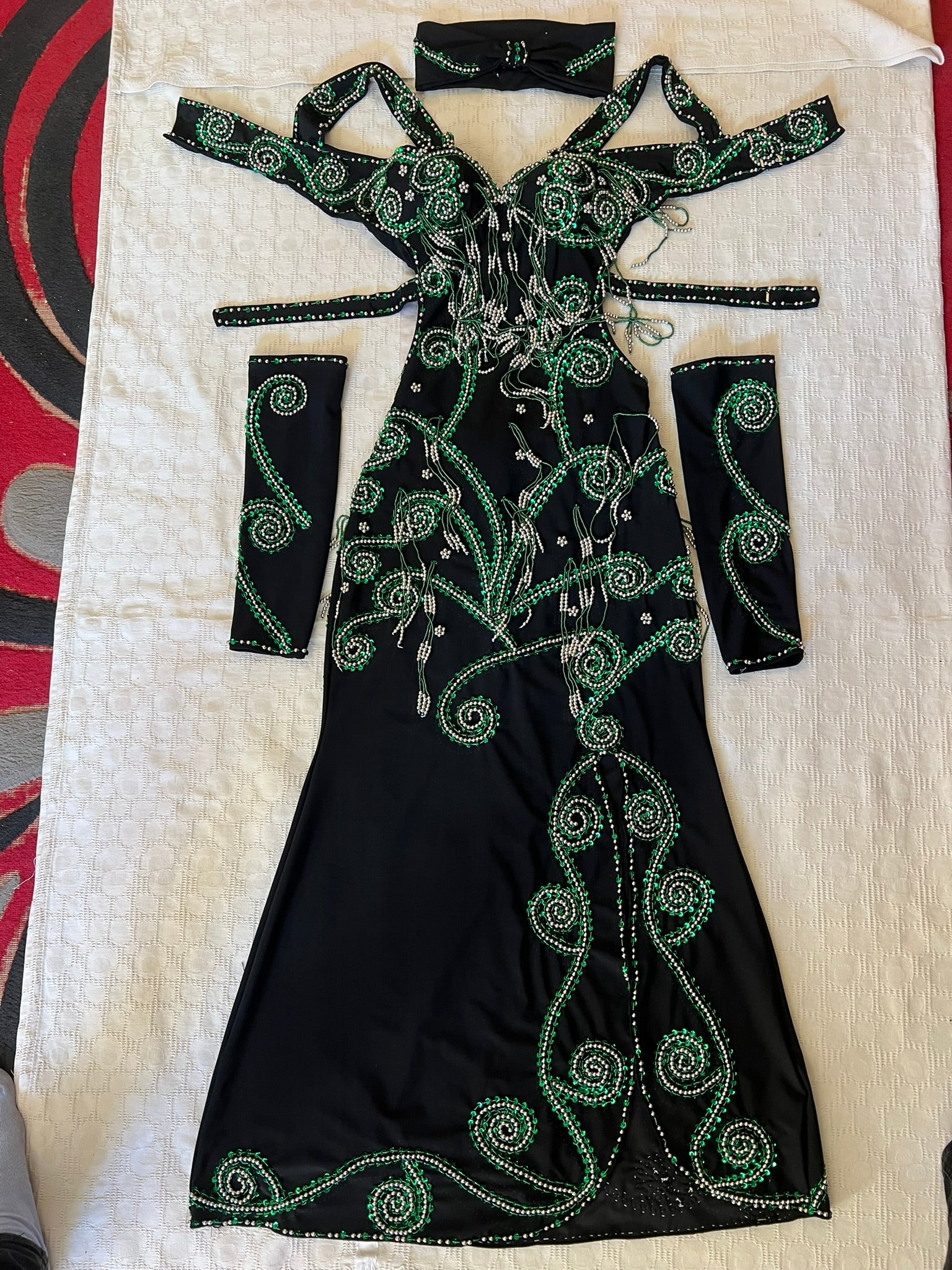 Handmade Belly Dance Costume – Elegant One-Piece Dress with Arm Accessories & Headpiece, Intricately Embellished Ensemble