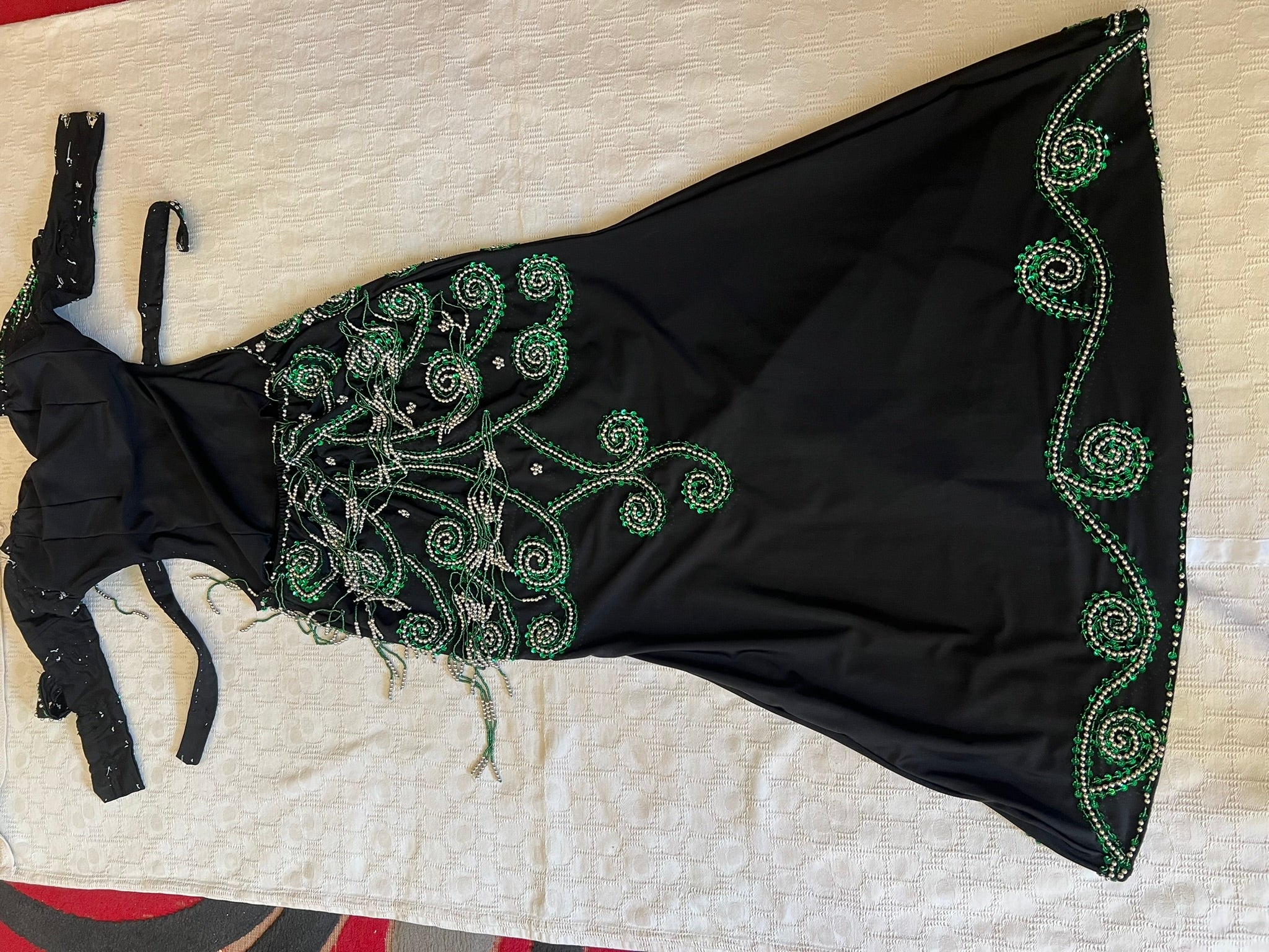 Handmade Belly Dance Costume – Elegant One-Piece Dress with Arm Accessories & Headpiece, Intricately Embellished Ensemble